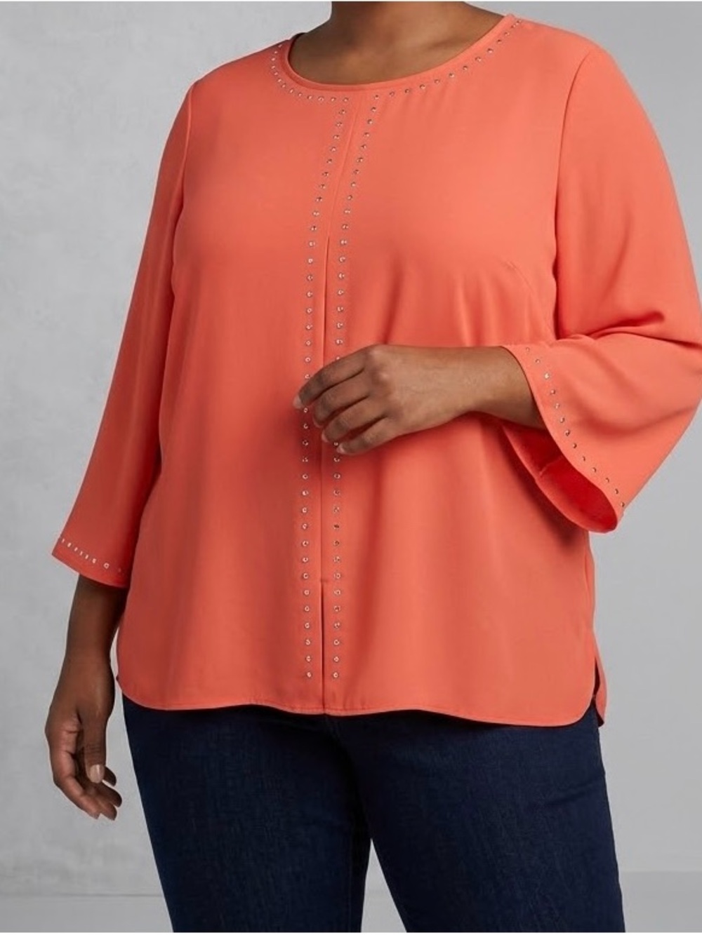 JM Collection XL Coral Pink Studded Scoop Neck 3/4 Sleeve Blouse Top